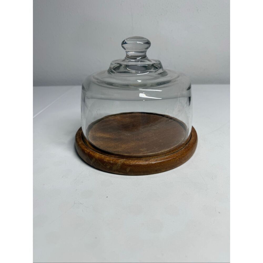 Vintage Teak Wood & Glass 7” Cheese Server Heavy Glass Dome